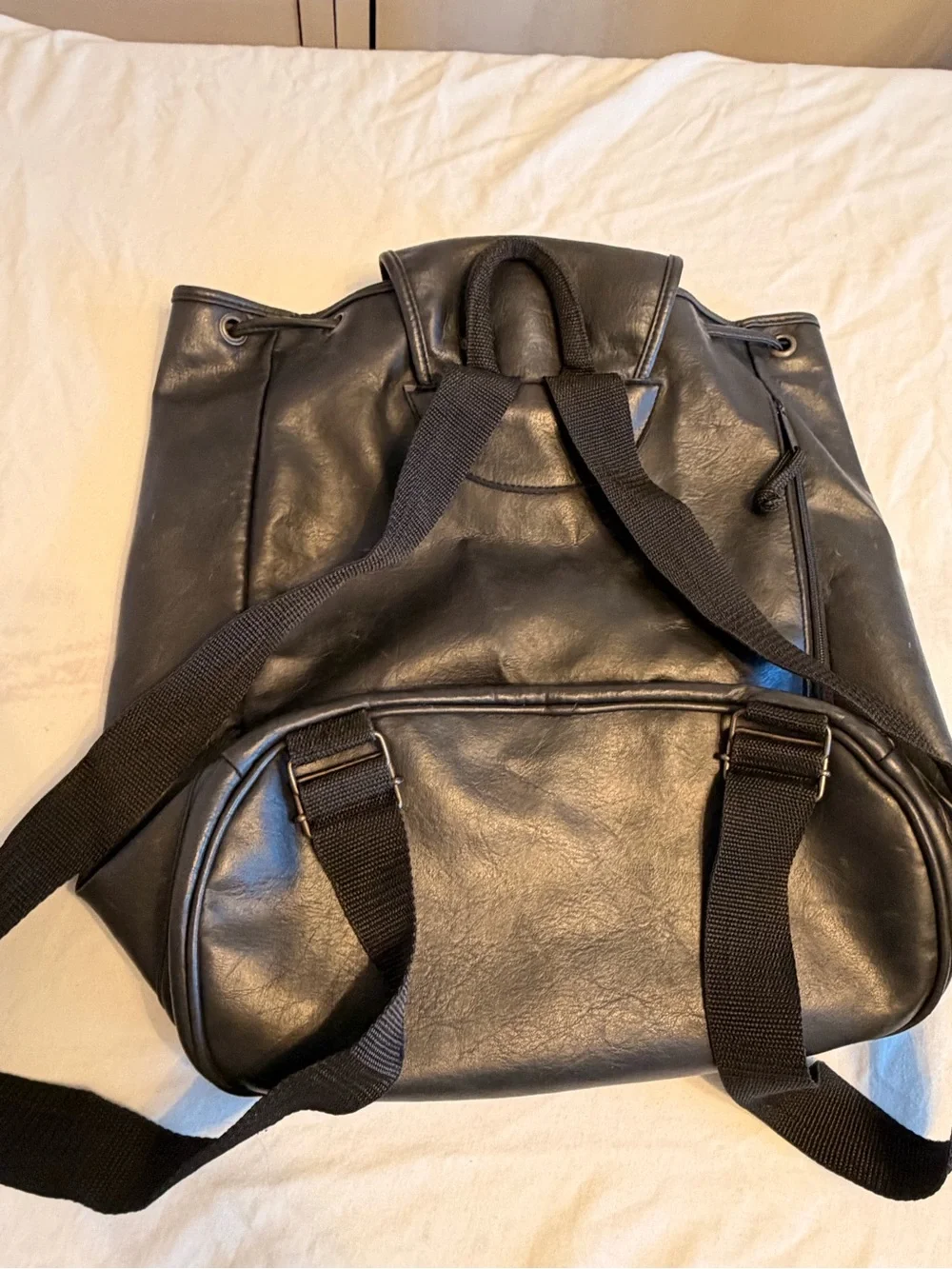 Du Monde Black Leather Cinch Top Backpack Full Size Commuter Travel